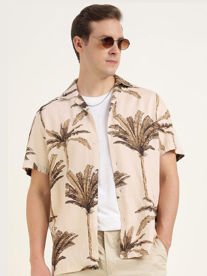 Hancock Men Beige & Brown Printed Pure Cotton Relaxed Fit Casual Shirt