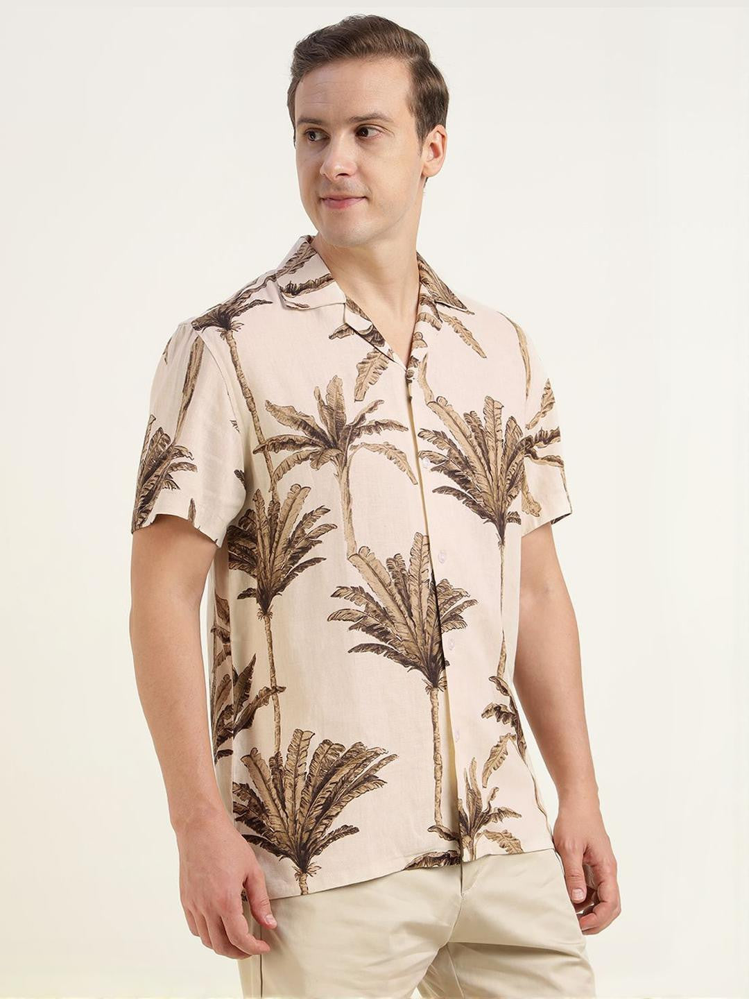 Hancock Men Beige & Brown Printed Pure Cotton Relaxed Fit Casual Shirt