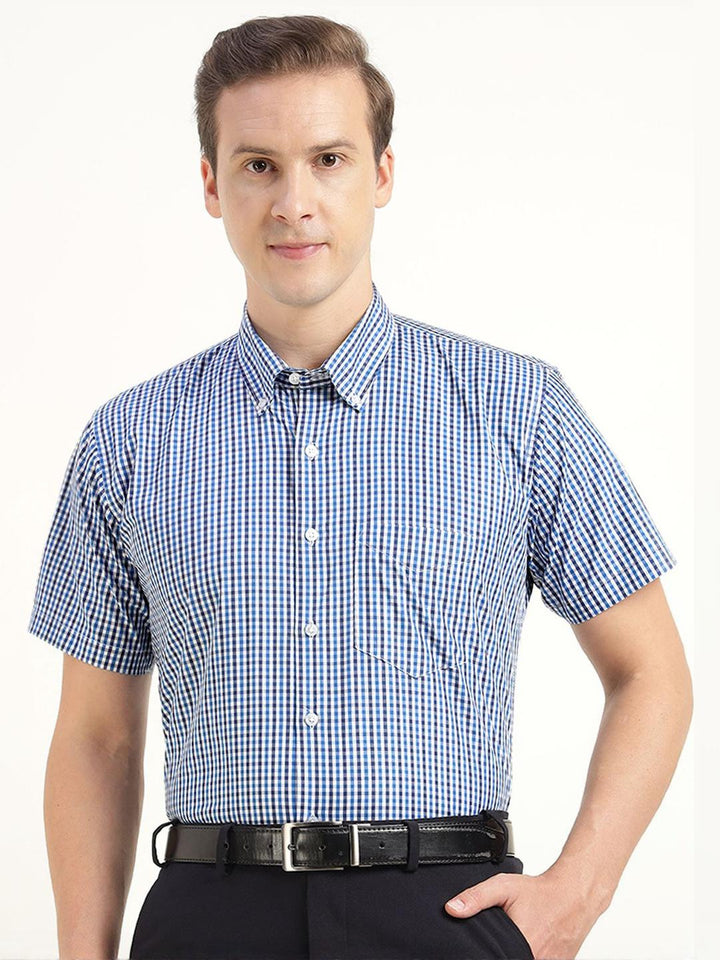 Hancock Men White & Blue Checked Pure Cotton Slim Fit Formal Shirt