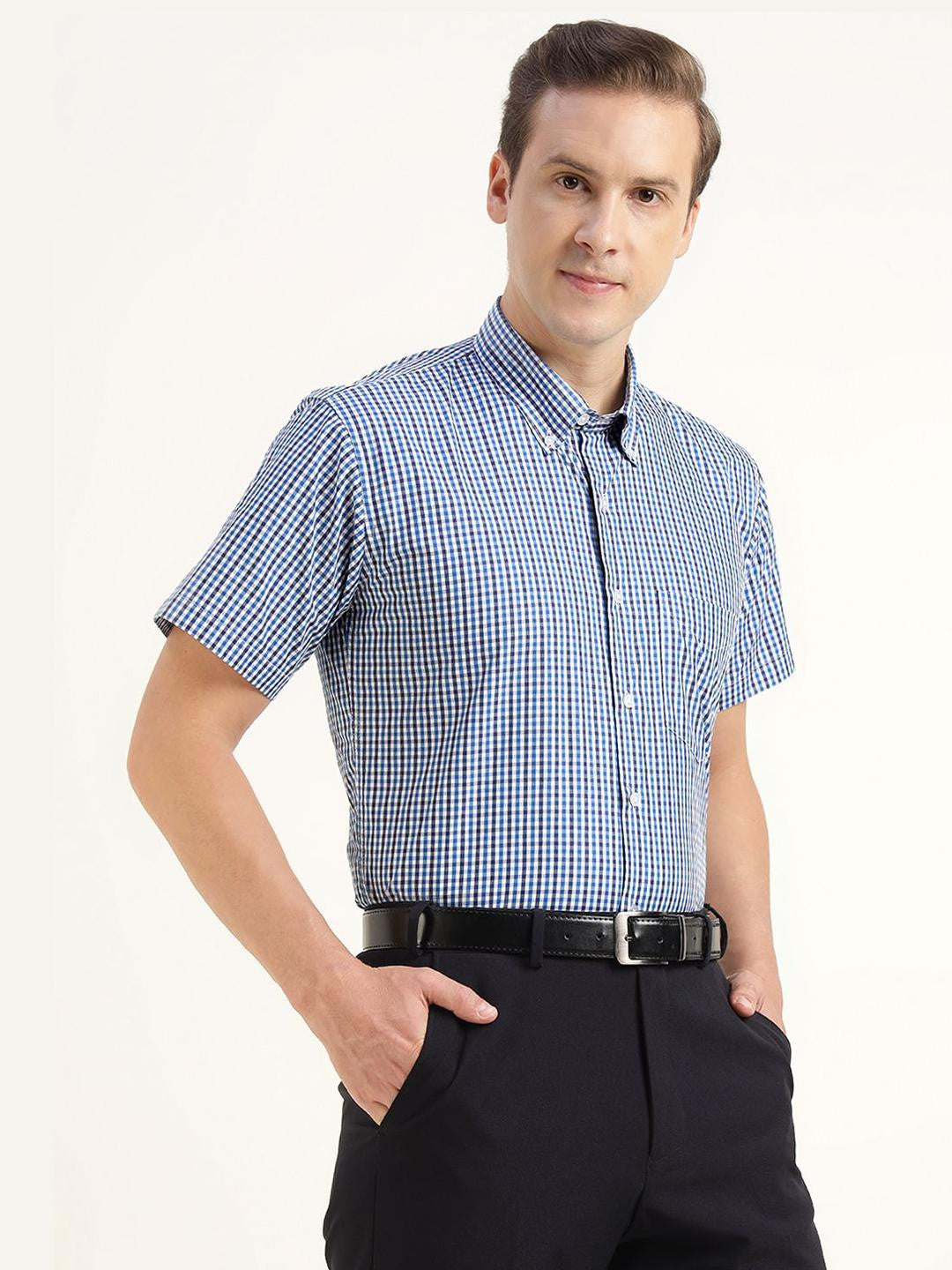 Hancock Men White & Blue Checked Pure Cotton Slim Fit Formal Shirt