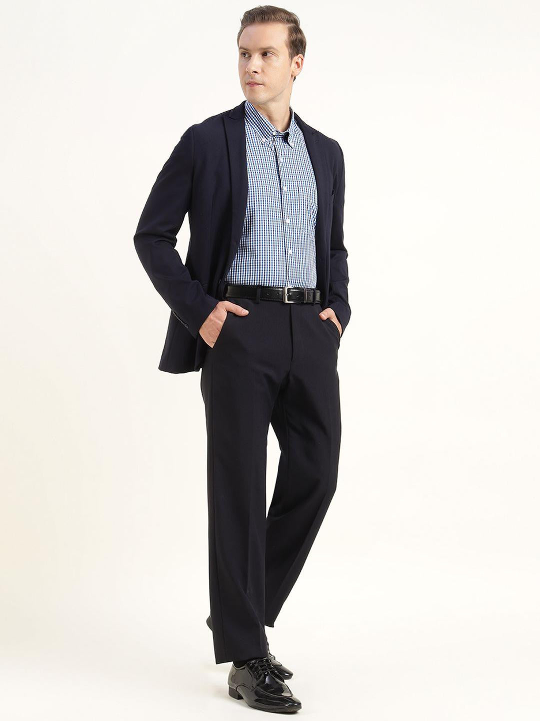 Hancock Men White & Blue Checked Pure Cotton Slim Fit Formal Shirt