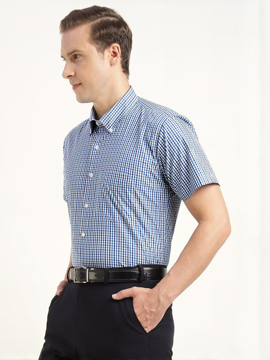 Hancock Men White & Blue Checked Pure Cotton Slim Fit Formal Shirt