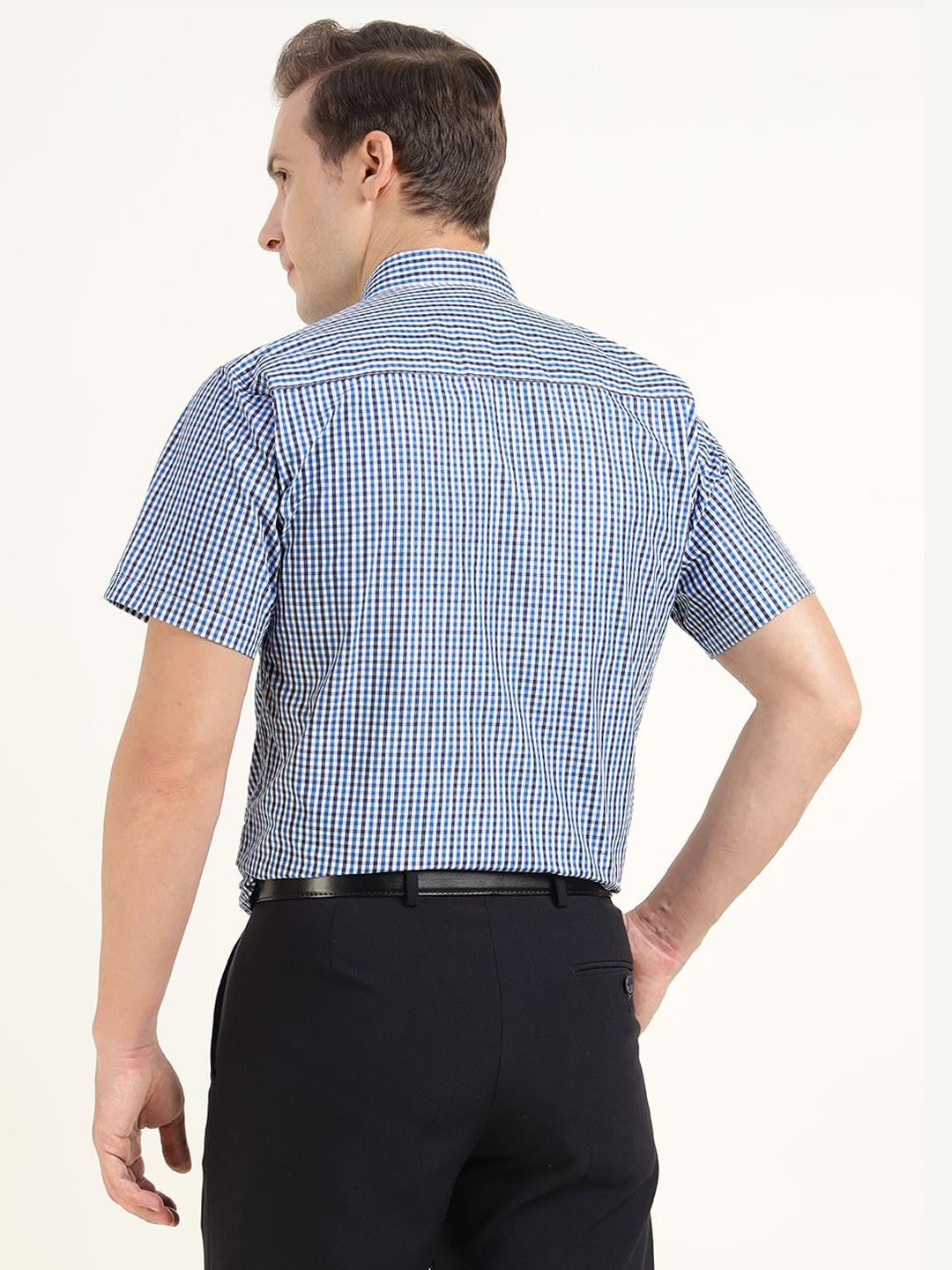 Hancock Men White & Blue Checked Pure Cotton Slim Fit Formal Shirt