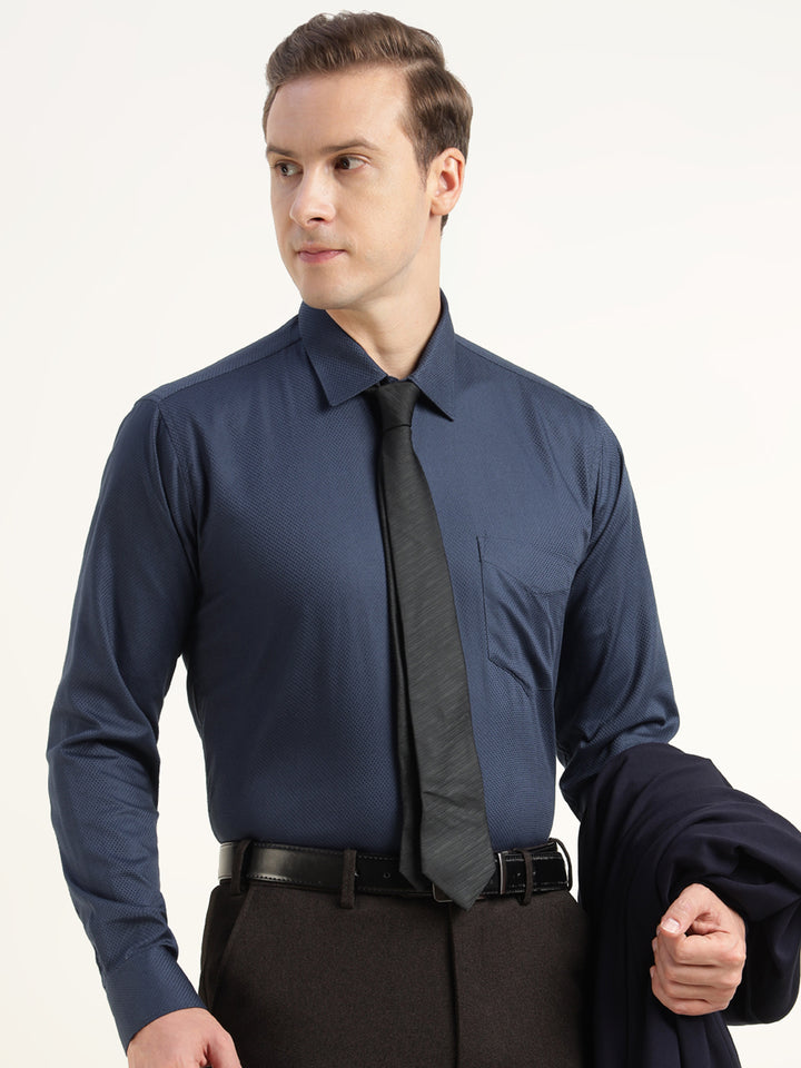 Men Navy Blue Solid Cotton Elastene Slim Fit Party Shirt