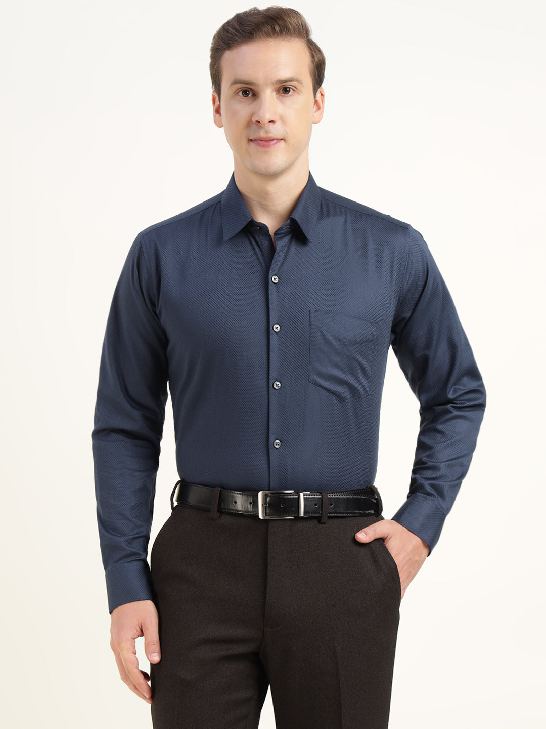 Men Navy Blue Solid Cotton Elastene Slim Fit Party Shirt