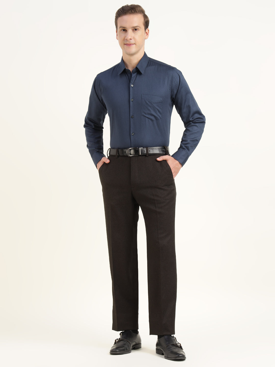 Men Navy Blue Solid Cotton Elastene Slim Fit Party Shirt
