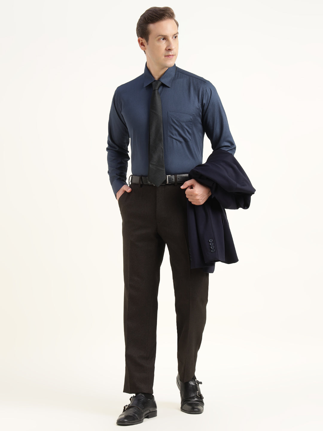 Men Navy Blue Solid Cotton Elastene Slim Fit Party Shirt