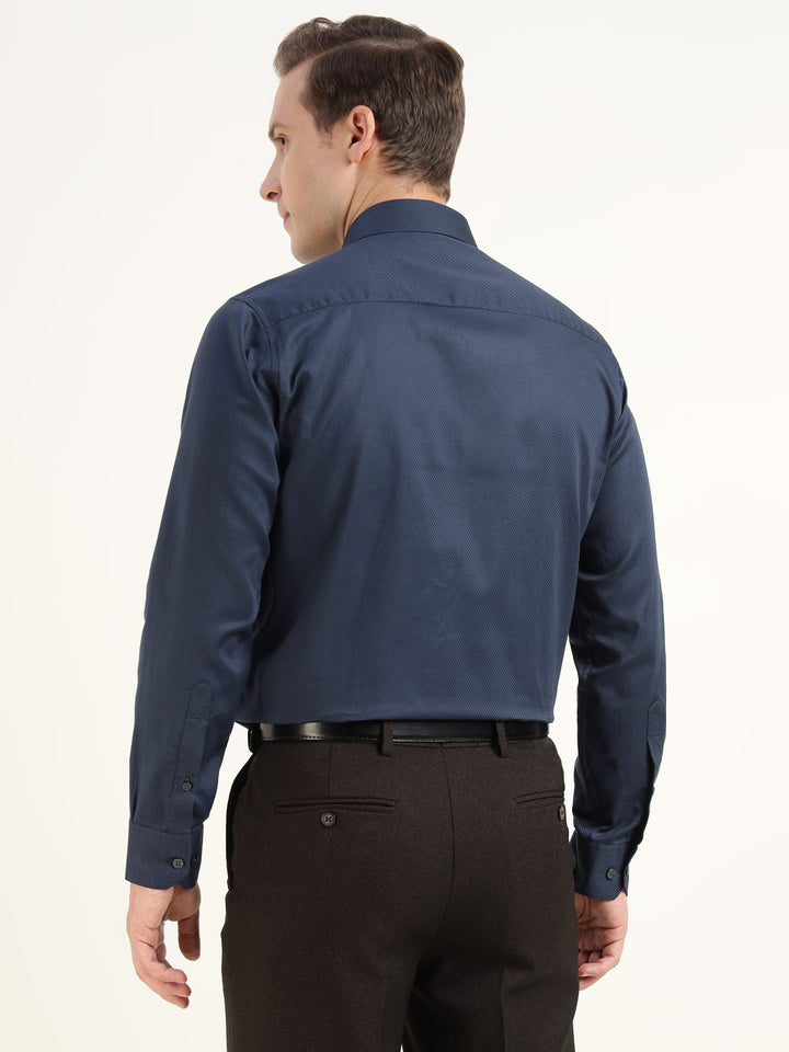 Men Navy Blue Solid Cotton Elastene Slim Fit Party Shirt