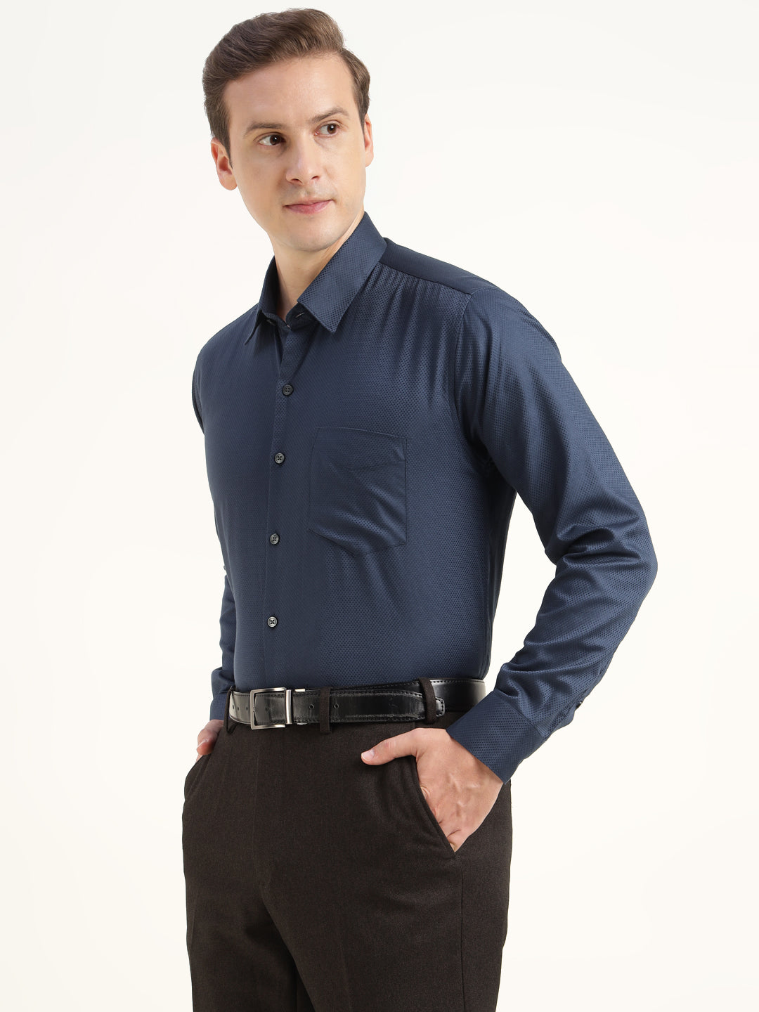 Men Navy Blue Solid Cotton Elastene Slim Fit Party Shirt