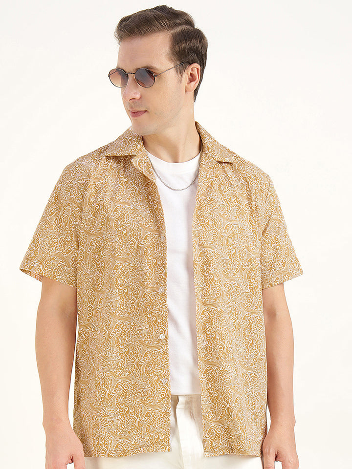 Hancock Men Beige Printed Pure Cotton Relaxed Fit Casual Shirt