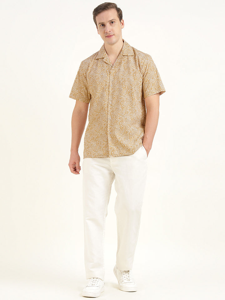 Hancock Men Beige Printed Pure Cotton Relaxed Fit Casual Shirt