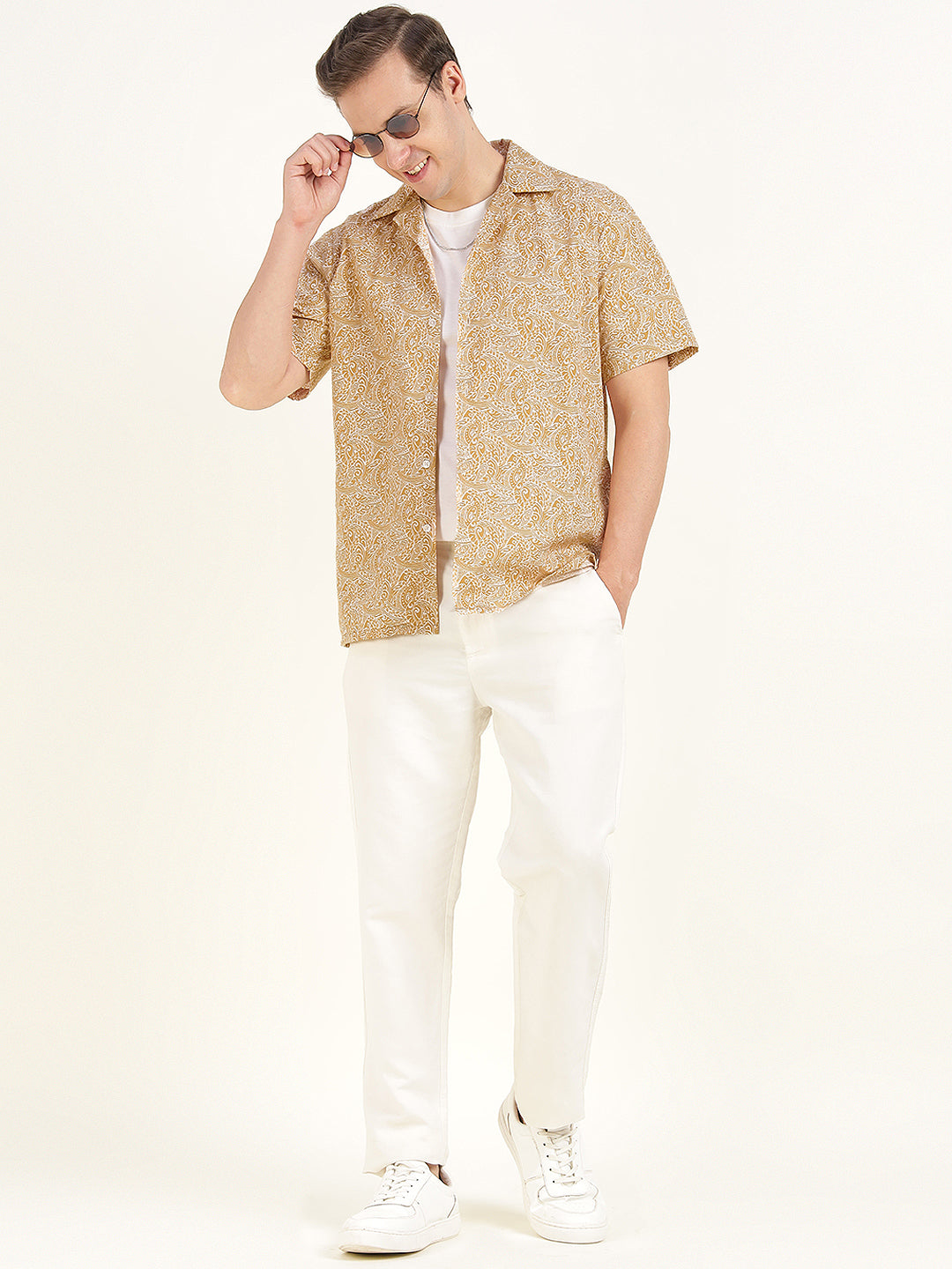 Hancock Men Beige Printed Pure Cotton Relaxed Fit Casual Shirt
