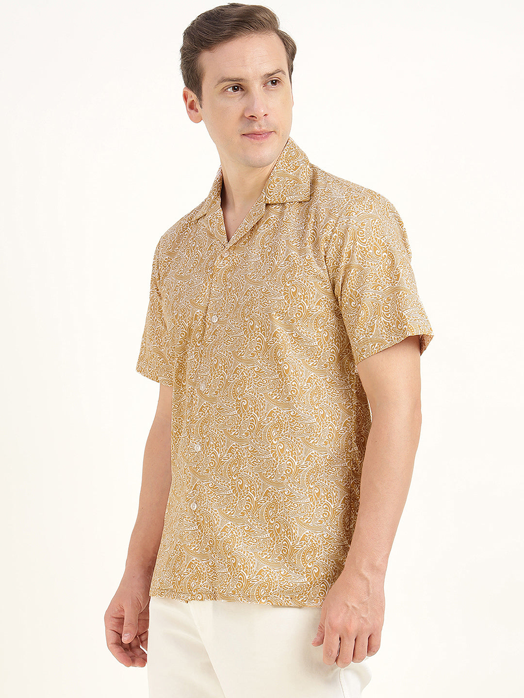 Hancock Men Beige Printed Pure Cotton Relaxed Fit Casual Shirt