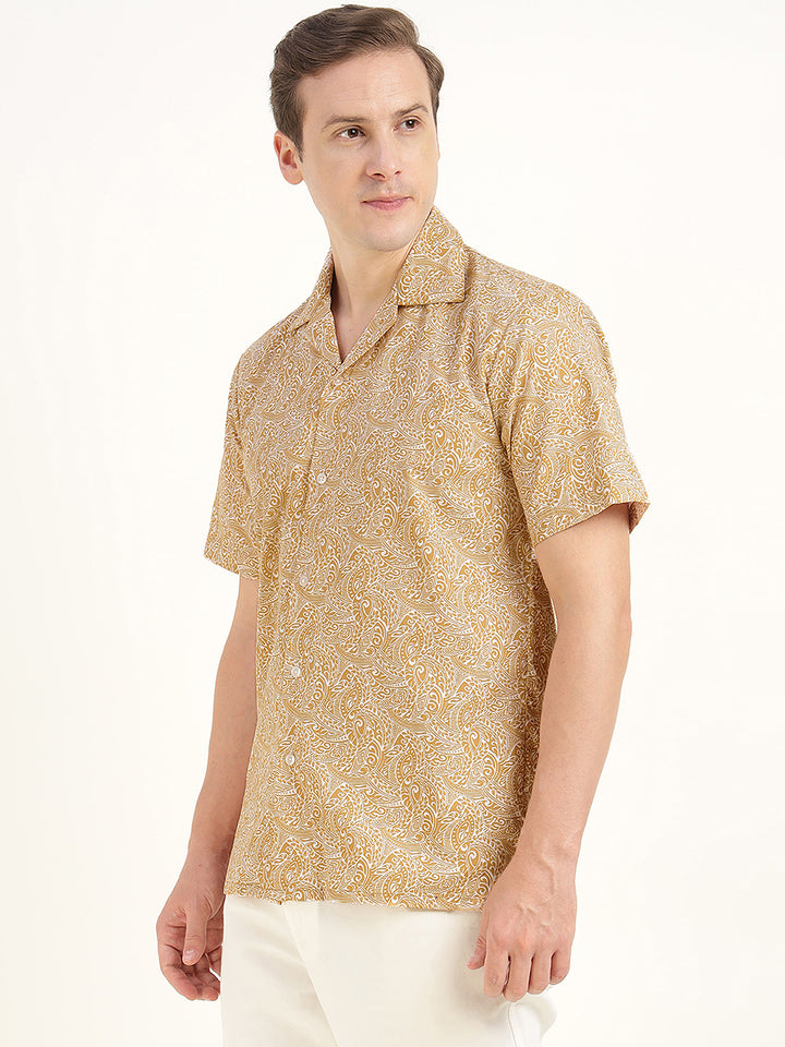 Hancock Men Beige Printed Pure Cotton Relaxed Fit Casual Shirt