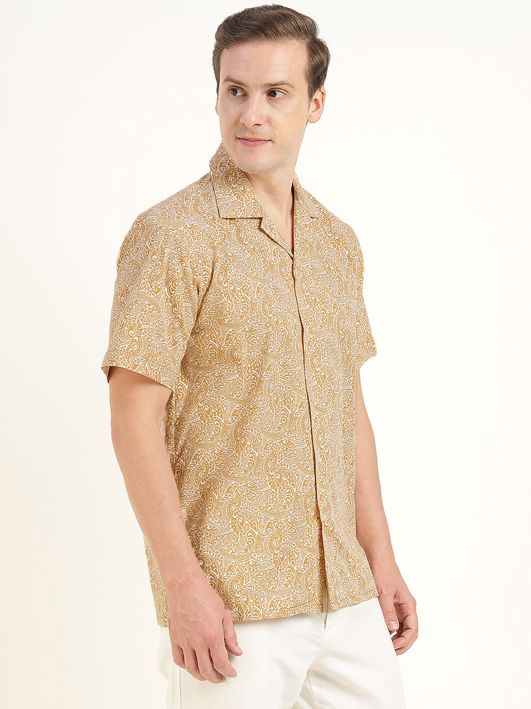 Hancock Men Beige Printed Pure Cotton Relaxed Fit Casual Shirt