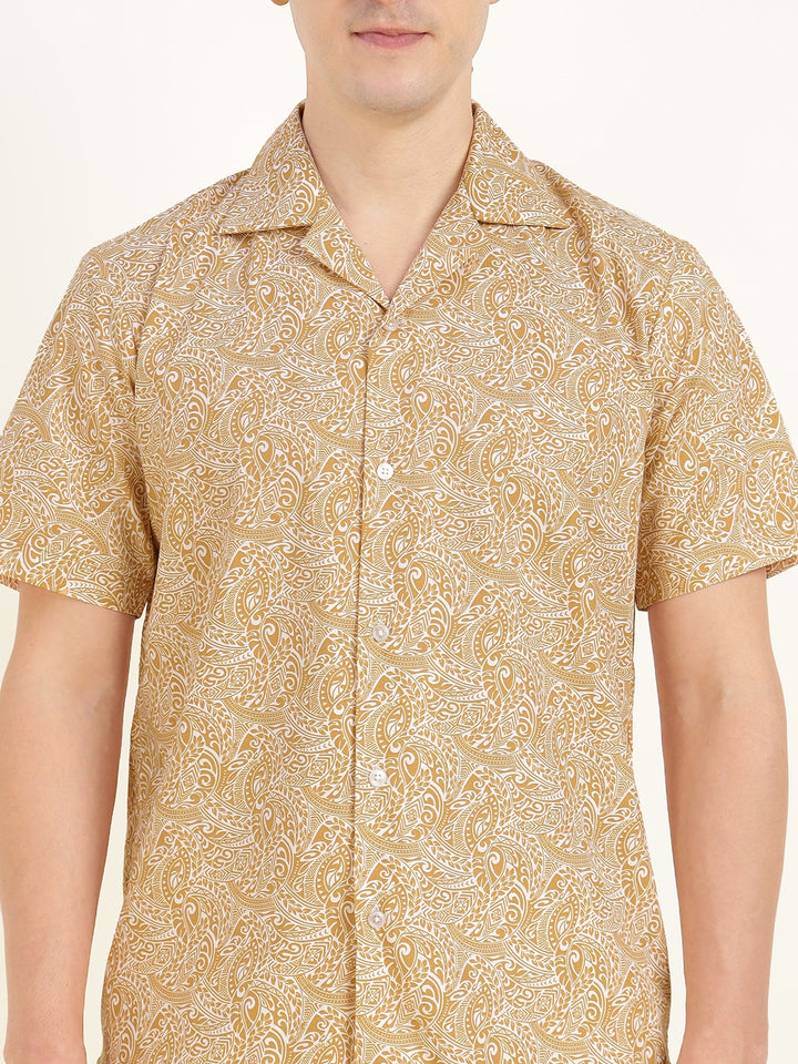 Hancock Men Beige Printed Pure Cotton Relaxed Fit Casual Shirt