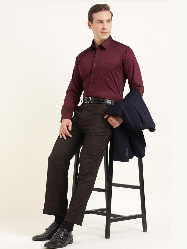 Men Burgundy Solid Pure Cotton Slim Fit Party Shirt