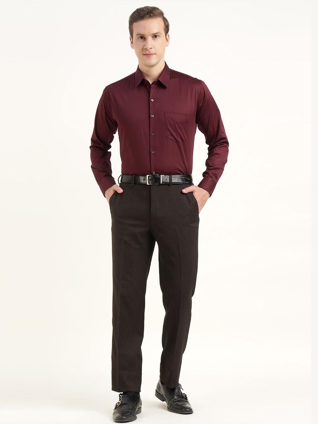 Men Burgundy Solid Pure Cotton Slim Fit Party Shirt