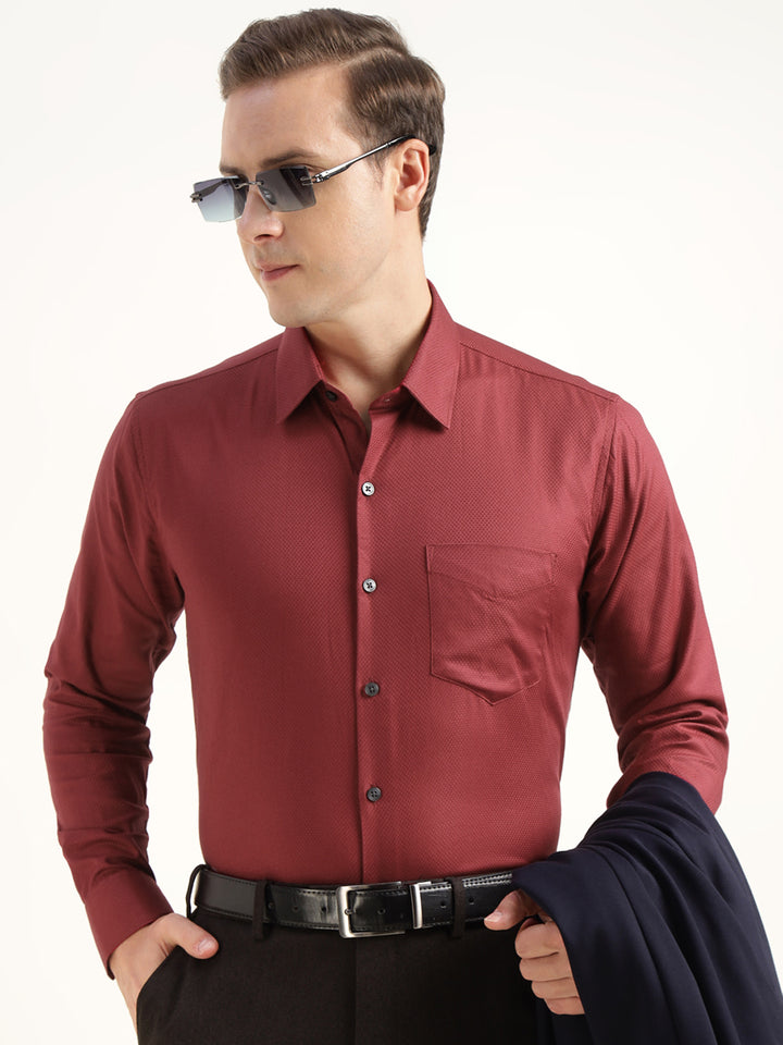 Men Maroon Solid Cotton Elastene Slim Fit Party Shirt