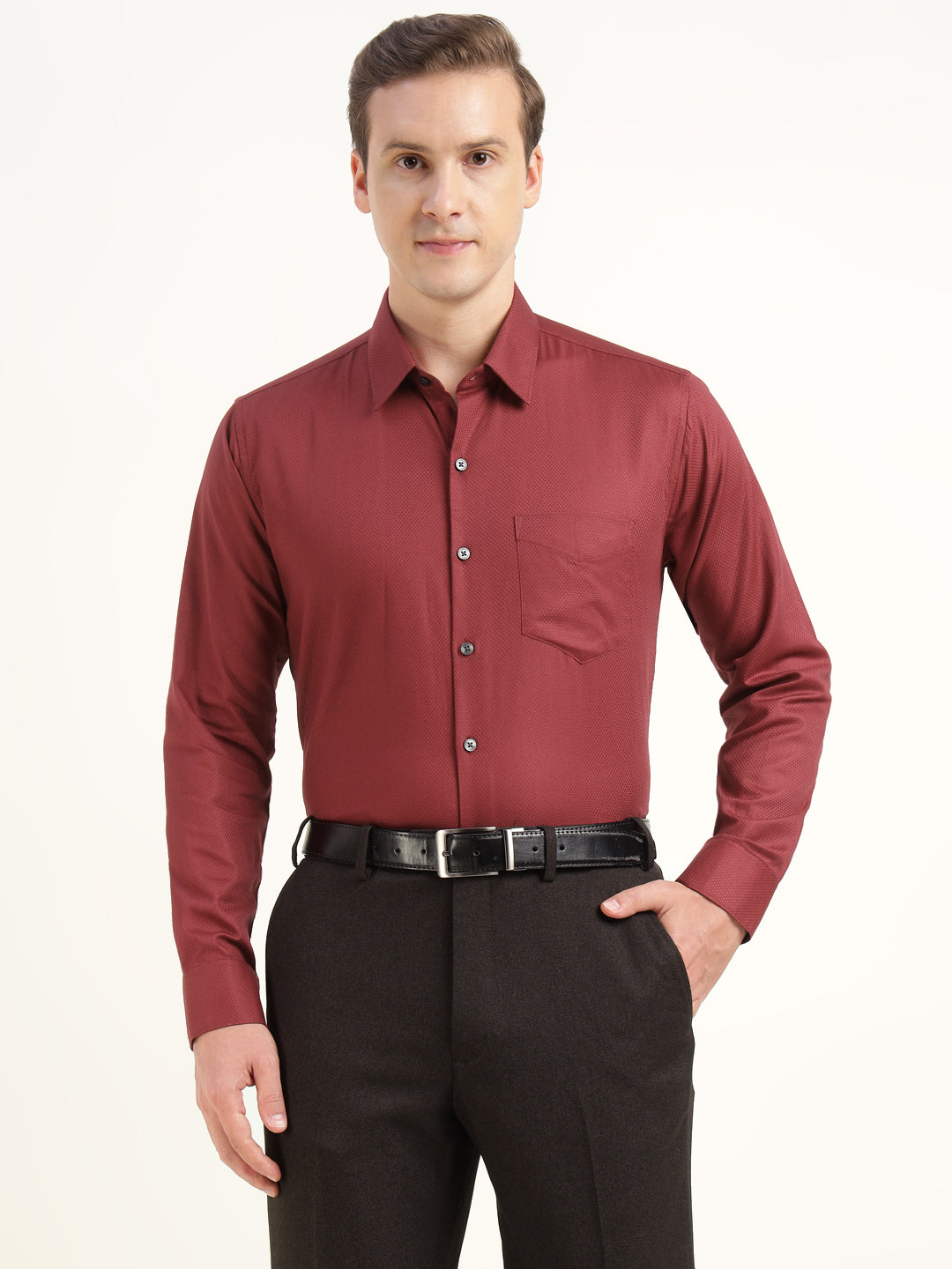 Men Maroon Solid Cotton Elastene Slim Fit Party Shirt