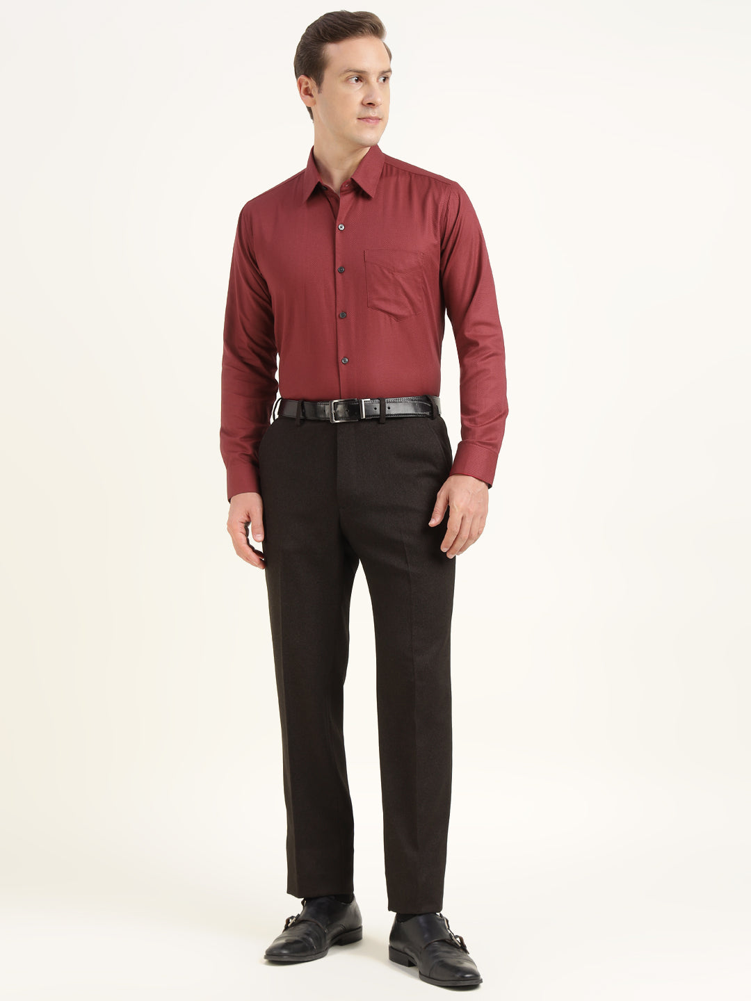 Men Maroon Solid Cotton Elastene Slim Fit Party Shirt