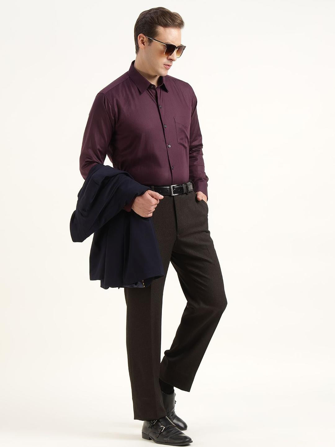 Men Burgundy Solid Pure Cotton Slim Fit Party Shirt