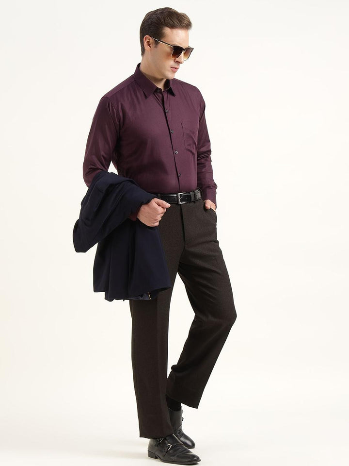 Men Burgundy Solid Pure Cotton Slim Fit Party Shirt