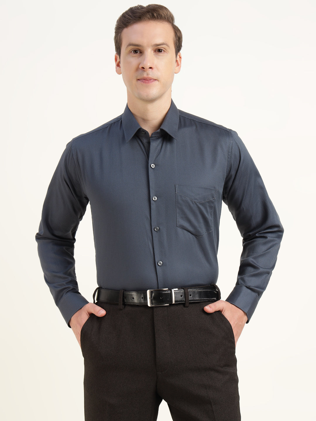 Men Dark Grey Solid Pure Cotton Slim Fit Party Shirt