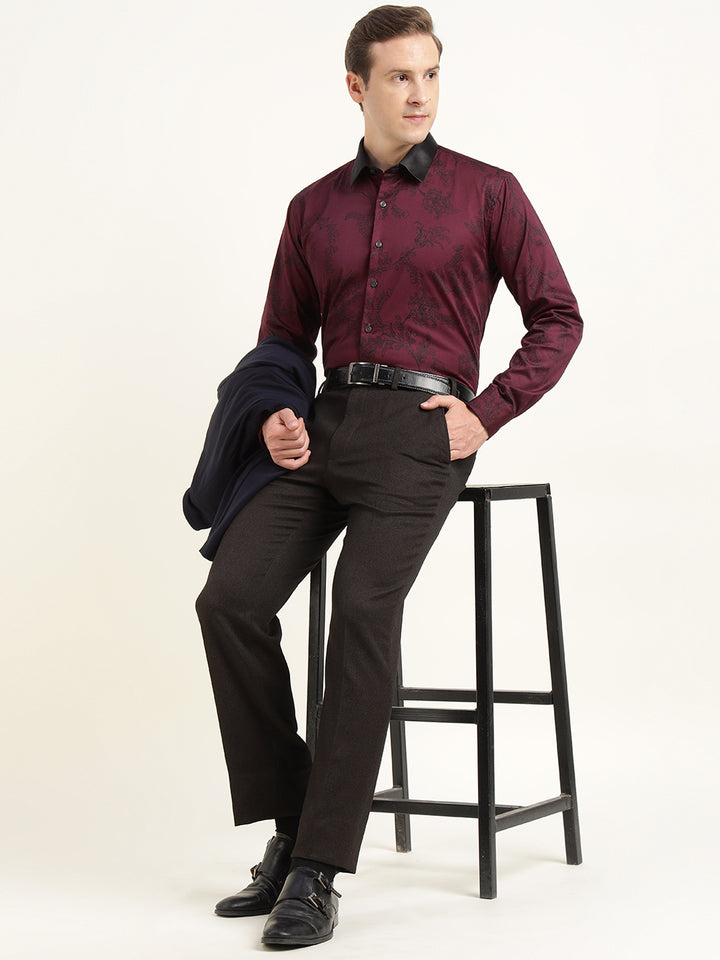 Hancock Men Maroon Printed Pure Cotton Slim Fit Formal Shirt