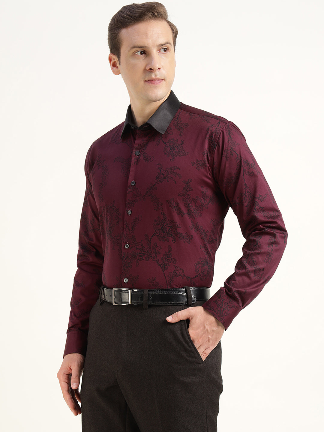 Hancock Men Maroon Printed Pure Cotton Slim Fit Formal Shirt