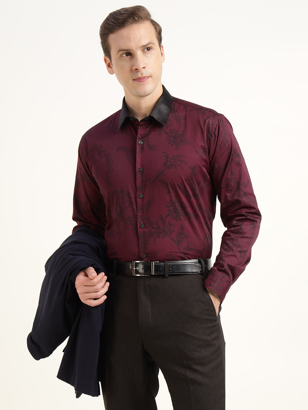 Hancock Men Maroon Printed Pure Cotton Slim Fit Formal Shirt