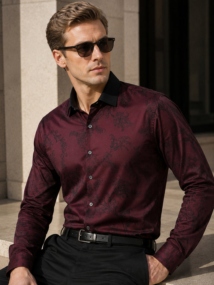 Men Maroon Printed Pure Cotton Slim Fit Formal Shirt