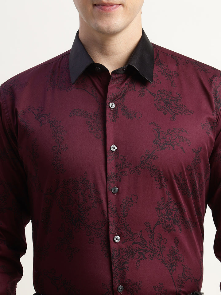 Hancock Men Maroon Printed Pure Cotton Slim Fit Formal Shirt