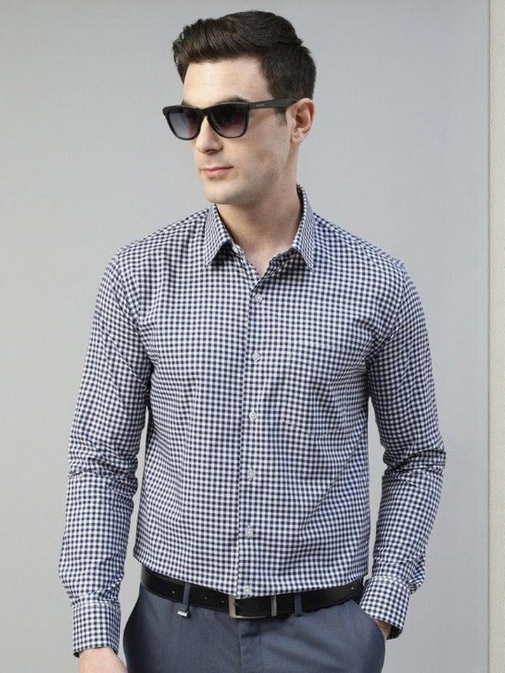 Men Navy Blue Checked Pure Cotton Slim Fit Formal Shirt