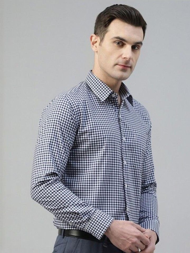 Men Navy Blue Checked Pure Cotton Slim Fit Formal Shirt