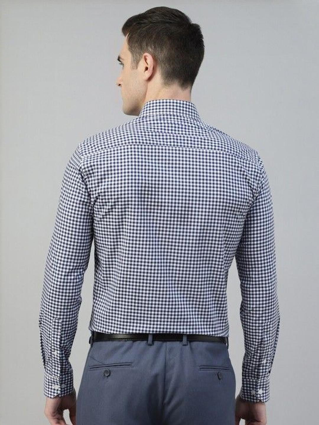 Men Navy Blue Checked Pure Cotton Slim Fit Formal Shirt