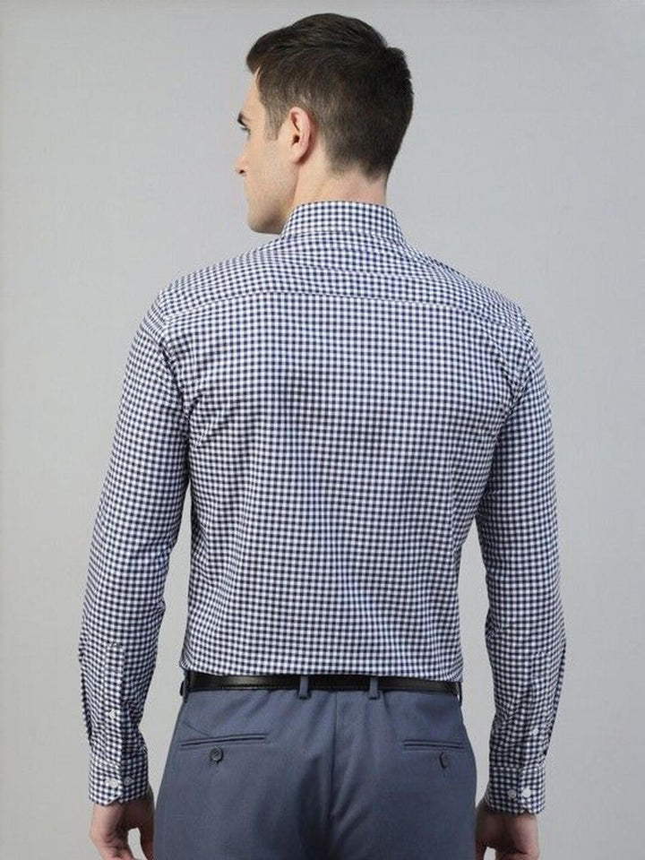 Men Navy Blue Checked Pure Cotton Slim Fit Formal Shirt