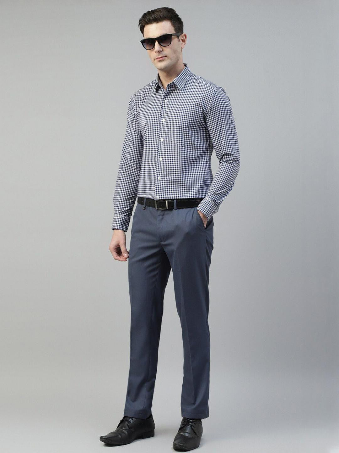 Men Navy Blue Checked Pure Cotton Slim Fit Formal Shirt