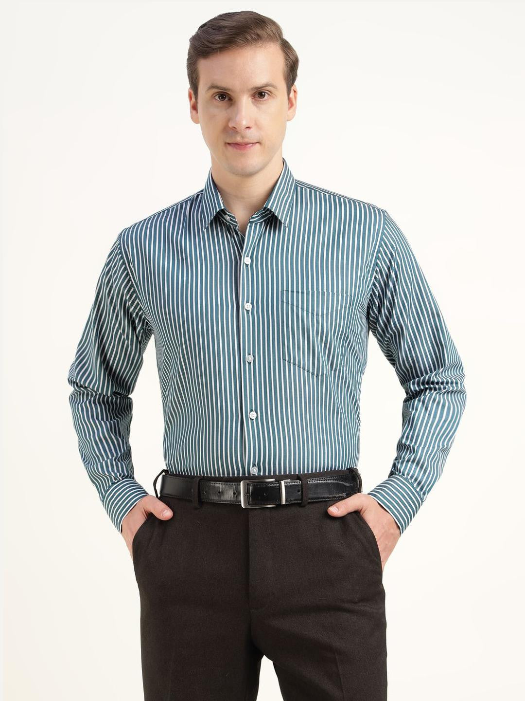 Hancock Men Turquoise Blue Striped Pure Cotton Slim Fit Formal Shirt