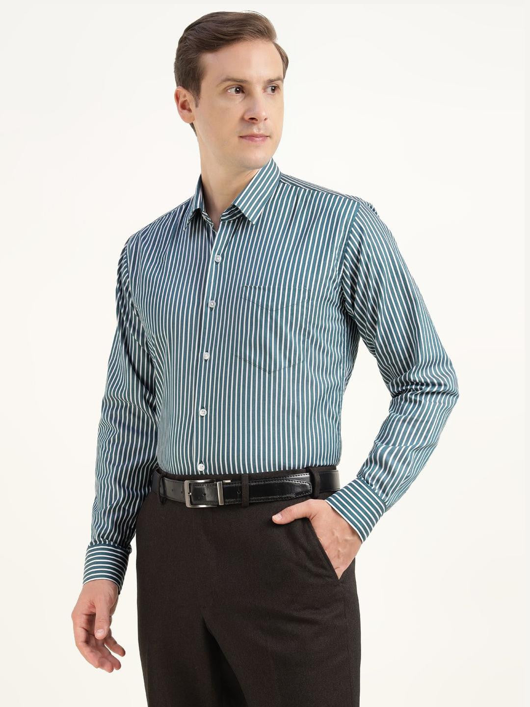 Hancock Men Turquoise Blue Striped Pure Cotton Slim Fit Formal Shirt