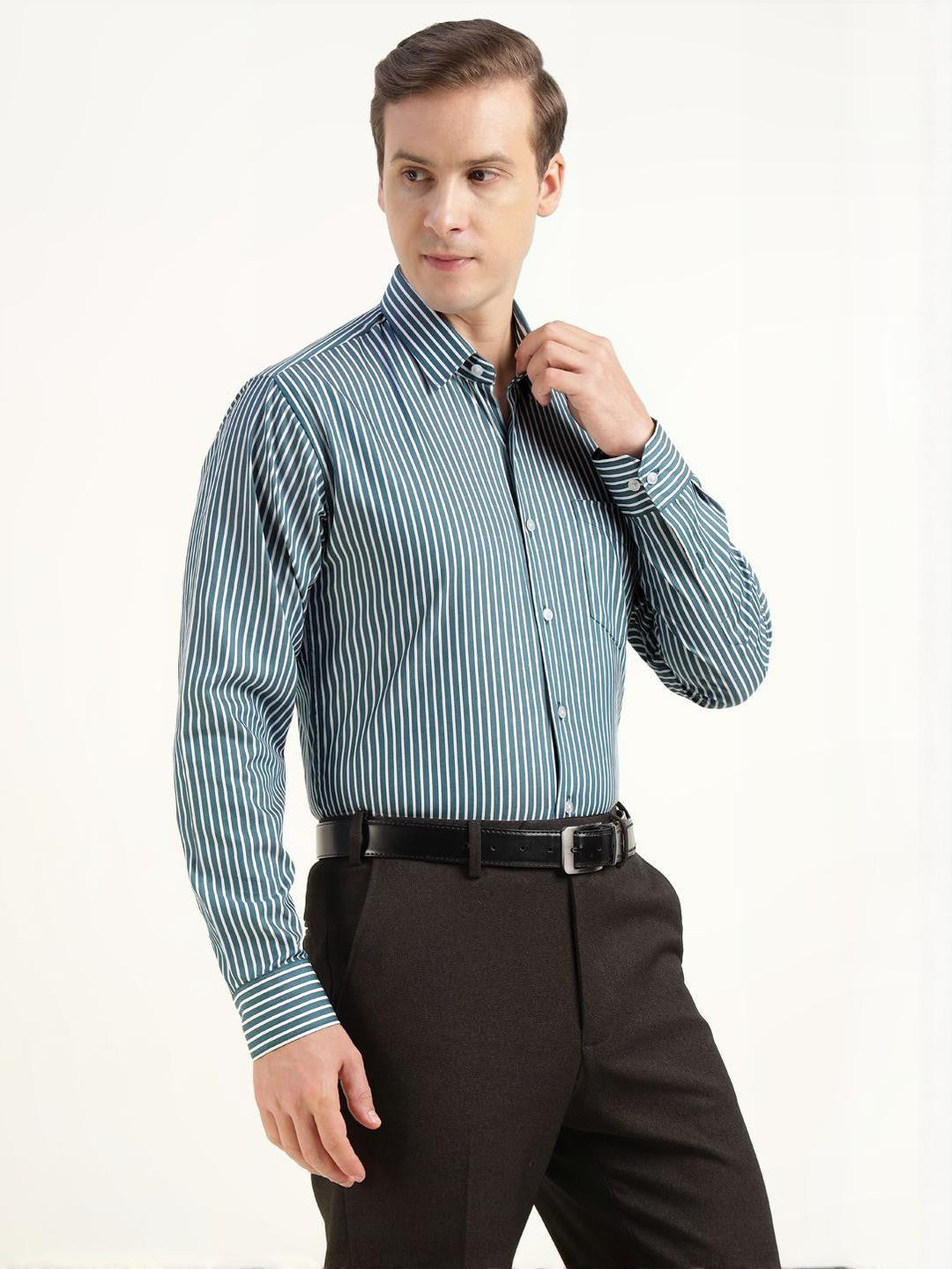 Hancock Men Turquoise Blue Striped Pure Cotton Slim Fit Formal Shirt