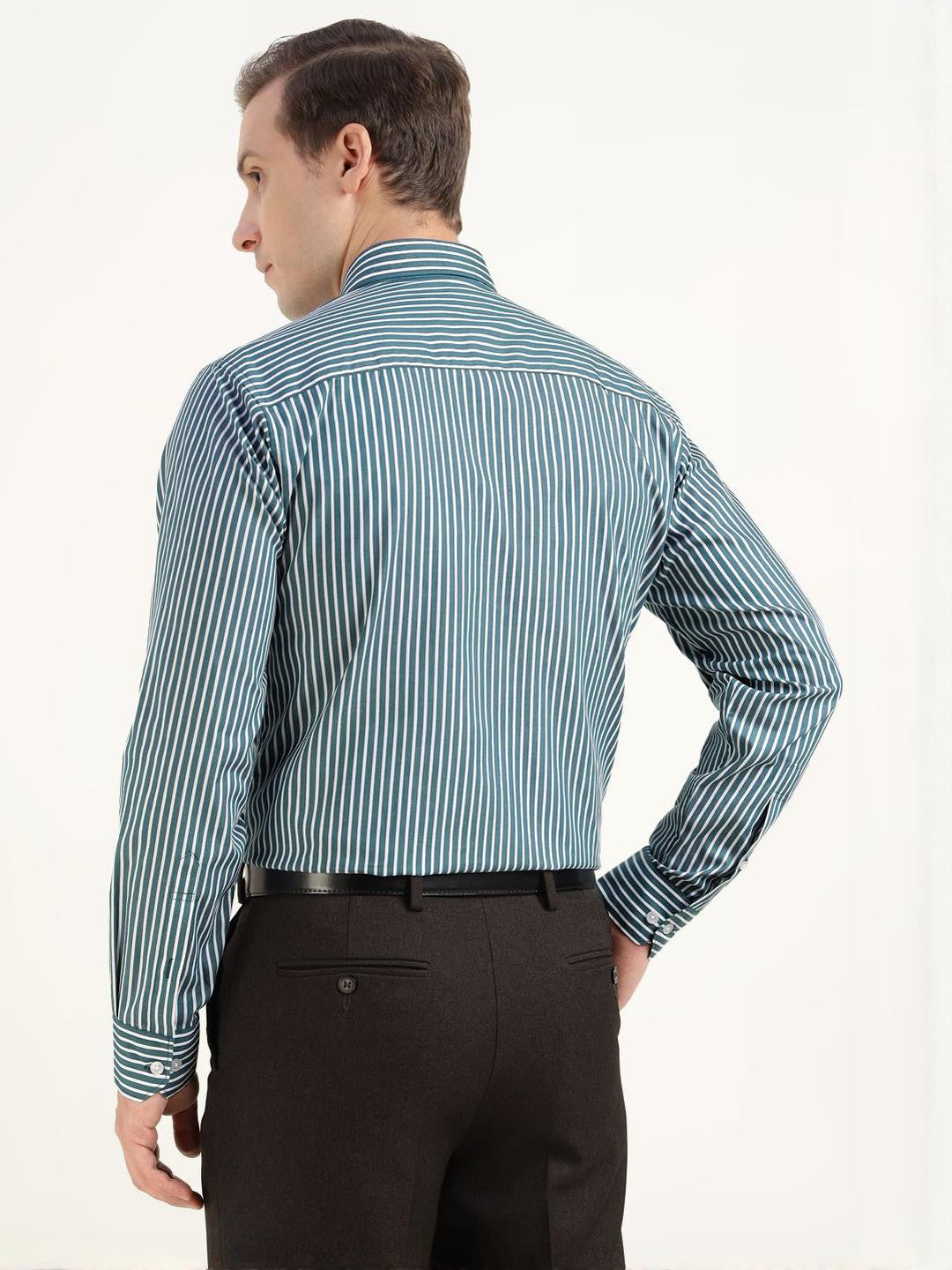 Hancock Men Turquoise Blue Striped Pure Cotton Slim Fit Formal Shirt