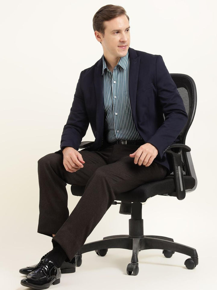 Hancock Men Turquoise Blue Striped Pure Cotton Slim Fit Formal Shirt