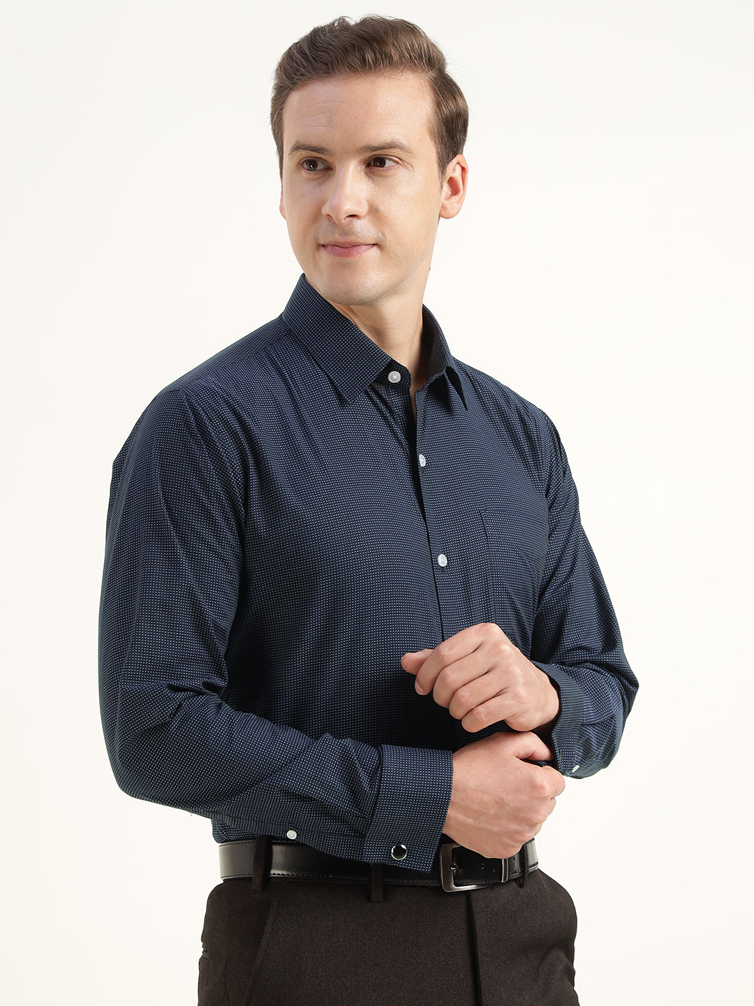 Men Navy Blue Solid Pure Cotton Slim Fit Formal Shirt