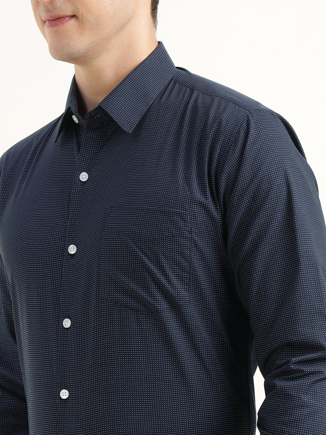 Men Navy Blue Solid Pure Cotton Slim Fit Formal Shirt