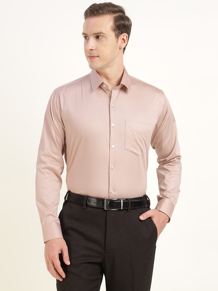 Men Blush Beige Solid Pure Cotton Slim Fit Party Shirt