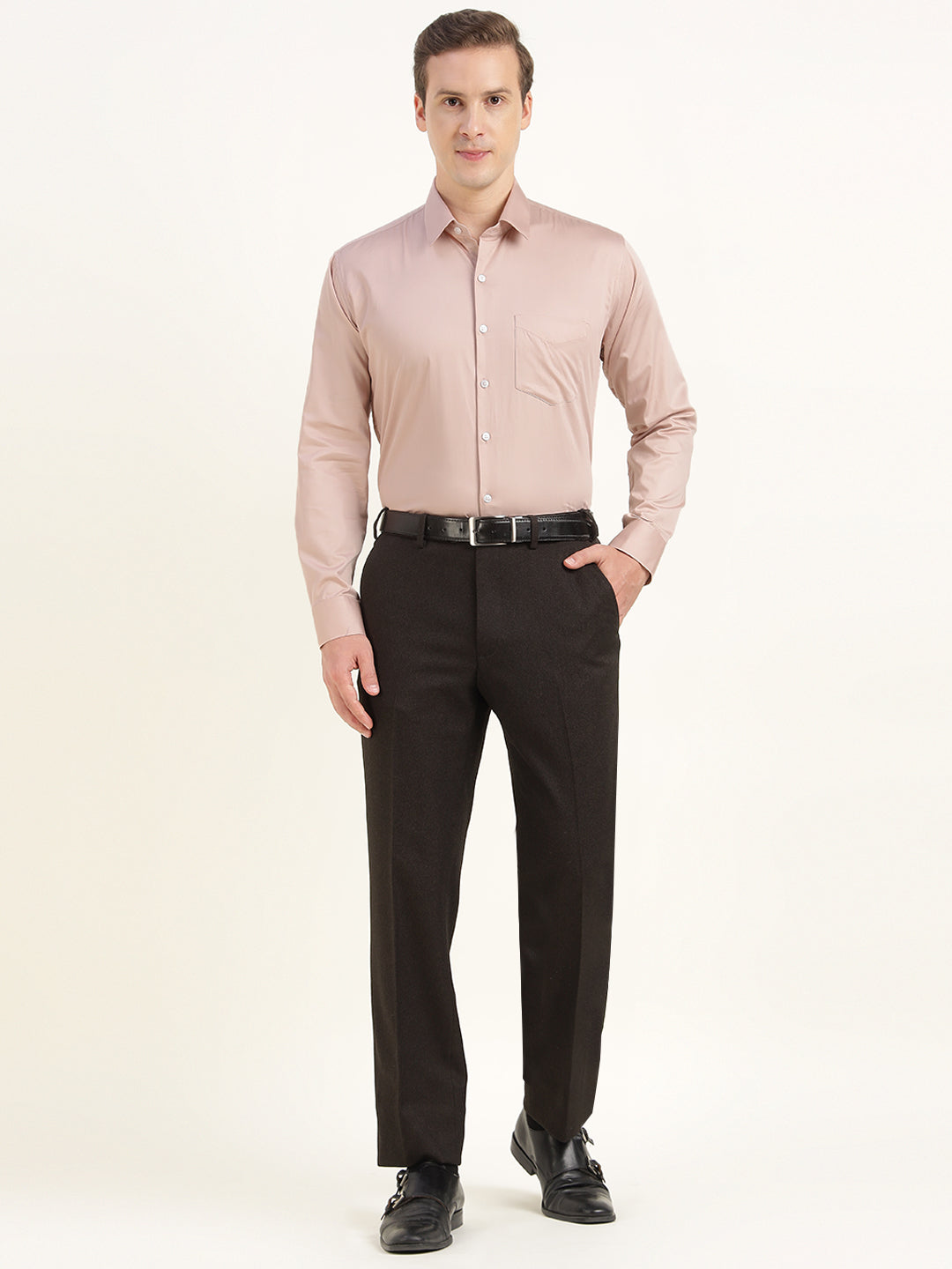 Men Blush Beige Solid Pure Cotton Slim Fit Party Shirt