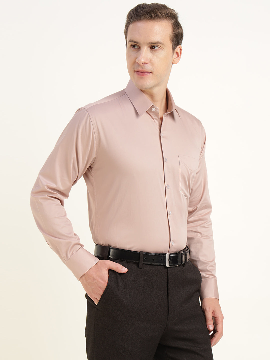 Men Blush Beige Solid Pure Cotton Slim Fit Party Shirt