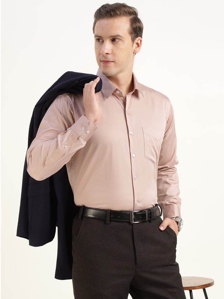 Men Blush Beige Solid Pure Cotton Slim Fit Party Shirt