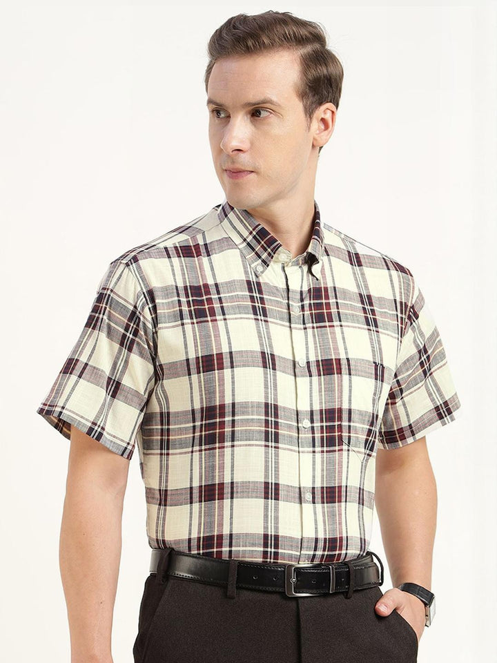 Hancock Men Cream & Maroon Checked Pure Cotton Slim Fit Formal Shirt
